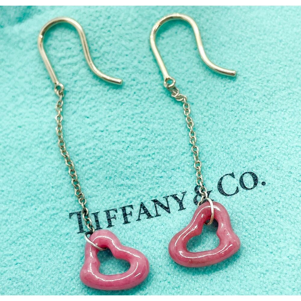 Tiffany & Co Elsa Peretti Pink Rhodonite Heart Dangle Earrings Sterling Silver